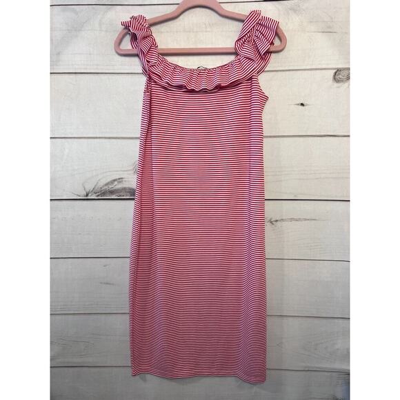 Zara Dresses & Skirts - Zara Trafaluc Tank Dress Womens L Red and White Striped Ruffle Off The Shoulders